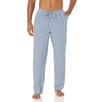 Мужские тканые пижамные брюки прямого кроя, летние осенние домашние брюки для сна, 100% хлопок, мягкие удобные свободные повседневные мужские брюки в клетку