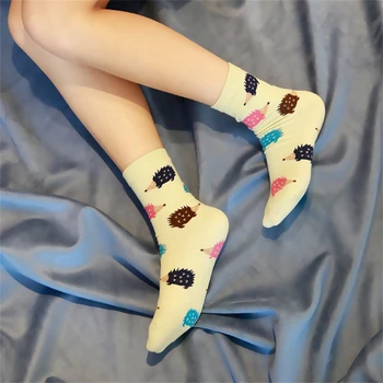 Япония Женские носки Harajuku с ежиками и животными, Кавайные Милые женские Мультяшные Забавные Носки, Повседневные универсальные средние носки