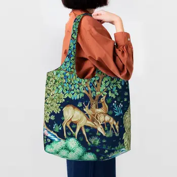 Многоразовые Лесные животные, сумка для покупок с оленем Уильяма Морриса, женская холщовая сумка-тоут, прочные сумки для покупок, сумка для покупок, Сумочка