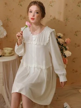 Женское ночное белье, Весна-осень, ночные рубашки принцессы с длинными рукавами и французскими оборками, пижамы, Милое хлопковое Сказочное Викторианское ночное платье