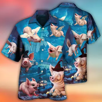 Гавайская рубашка с забавным животным Для мужчин, 3D принт Fly Pig, Летняя рубашка с коротким рукавом, Пляжная поездка, мужская рубашка Оверсайз, мужская одежда
