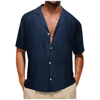 Винтажная мужская рубашка на пуговицах с лацканами, рубашка с короткими рукавами, хлопковая льняная однотонная повседневная рубашка, винтажная одежда, кардиган, прямая поставка