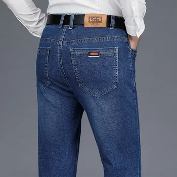 Классические мужские синие деловые прямые джинсы Осенние новые стрейчевые повседневные офисные джинсовые брюки Мужские брендовые узкие брюки