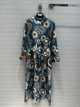 Высококачественное Осеннее женское Модное Шелковое свободное платье Миди с принтом, длинный рукав, пояс, Однобортные платья Миди