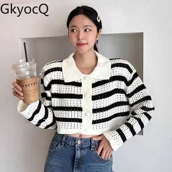 GkyocQ, корейский шикарный Новый осенний вязаный кардиган с длинным рукавом и воротником-лацканами, полосатый Свободный вязаный свитер, модная Женская одежда
