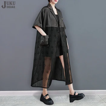 Уникальная уличная одежда, Очень Длинная, свободного покроя, женская повседневная Черная рубашка в японском стиле, Прозрачные блузки большого размера JJXS064