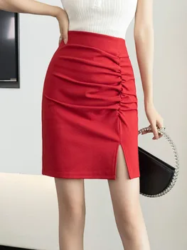 Женские летние юбки, плиссированная юбка с разрезом спереди, модная повседневная юбка средней длины OL Professional с запахом для ягодиц D4099