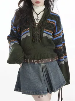 Шикарный полосатый винтажный Теплый женский вязаный свитер, осенне-зимние удобные пуловеры с V-образным вырезом на шнуровке, теплые дизайнерские свитера