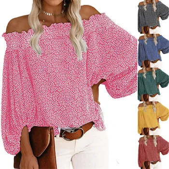 Сексуальная рубашка с воротником в одну линию и цветочным принтом с открытыми плечами, Винтажная осенняя шифоновая блузка с длинным рукавом-фонариком 2023, женские пуловеры, топы
