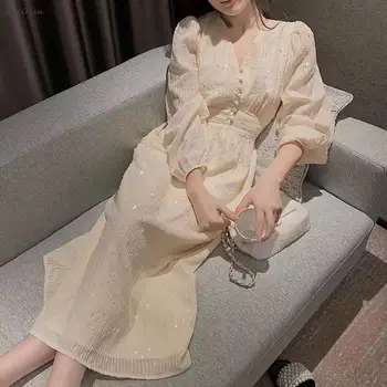 Летнее женское платье 2023, Модный Корейский стиль, модное платье Миди с V-образным вырезом и длинным рукавом, шикарные Элегантные вечерние Клубные вечерние платья