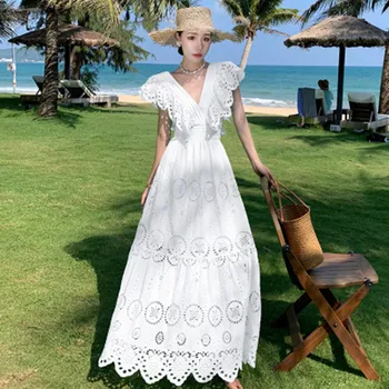 Высококачественное новое модное открытое платье с вышивкой, женское сексуальное длинное платье с V-образным вырезом и белым цветком, Vestidos