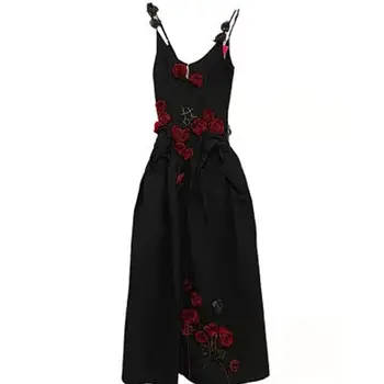 WDMSNA Платье на бретельках с объемным цветком, женское вечернее платье без рукавов с V-образным вырезом, трапециевидное свободное черное платье с высокой талией, Vestido