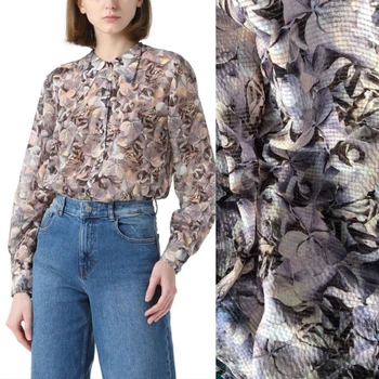 Осень 2023, женская рубашка из жаккардового шелка с фантазийным серо-фиолетовым воротником в горошек