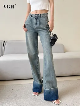 VGH, хит продаж, свободные повседневные джинсовые брюки с карманами в стиле пэчворк, женские минималистичные прямые брюки на молнии с высокой талией, новинка