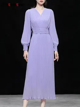 Фиолетовое платье Fotvotee для женщин, осень 2023, новые Корейские модные длинные платья с V-образным вырезом и длинным рукавом-фонариком, Элегантное шифоновое платье