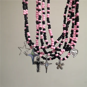 Допаминово-Розовый Кулон, Черное Ожерелье из бисера для женщин, Милая Цепочка на шею в виде цветка сердца и звезды Y2K, модные украшения