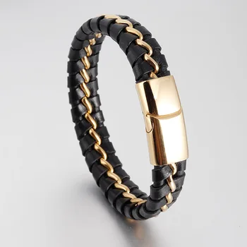 Простые черные браслеты ручной работы из натуральной плетеной кожи, мужские браслеты, Двухслойные Золотые браслеты с магнитным шармом из нержавеющей стали