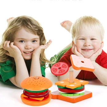 Детская модель сэндвича с гамбургером, имитирующая еду, деревянные строительные блоки, семейные игрушки