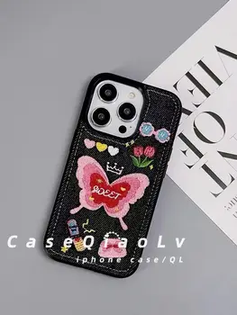 Вышейте цветок, любовную бабочку, чехлы для iPhone для iPhone 11 12 13 14 Pro Max iPhone, корейский винтажный Черно-белый джинсовый чехол для телефона