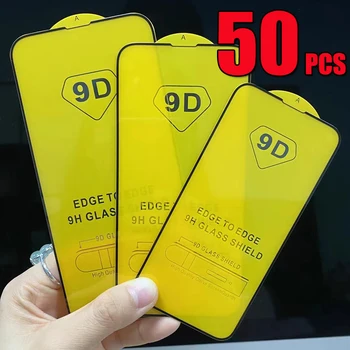 50шт 9D Полное Покрытие Клеем 9H Защитная Пленка Из Закаленного Стекла Для iPhone 15 Pro Max 14 Plus 13 Mini 12 11 XS XR X 8 7 SE