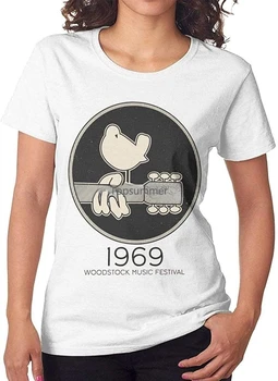 Логотип фестиваля Вудсток 1969, женская классическая модная футболка с коротким рукавом, белая