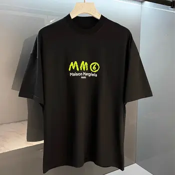 Мужская и женская MM6 из высококачественного 100% хлопка, версия 1: 1 с вышивкой буквами, свободная летняя футболка с коротким рукавом
