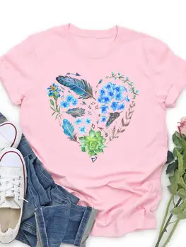 Трендовая милая летняя футболка с изображением сердца и перьев, женская одежда, женская одежда с коротким рукавом и принтом, повседневные футболки с графическим рисунком