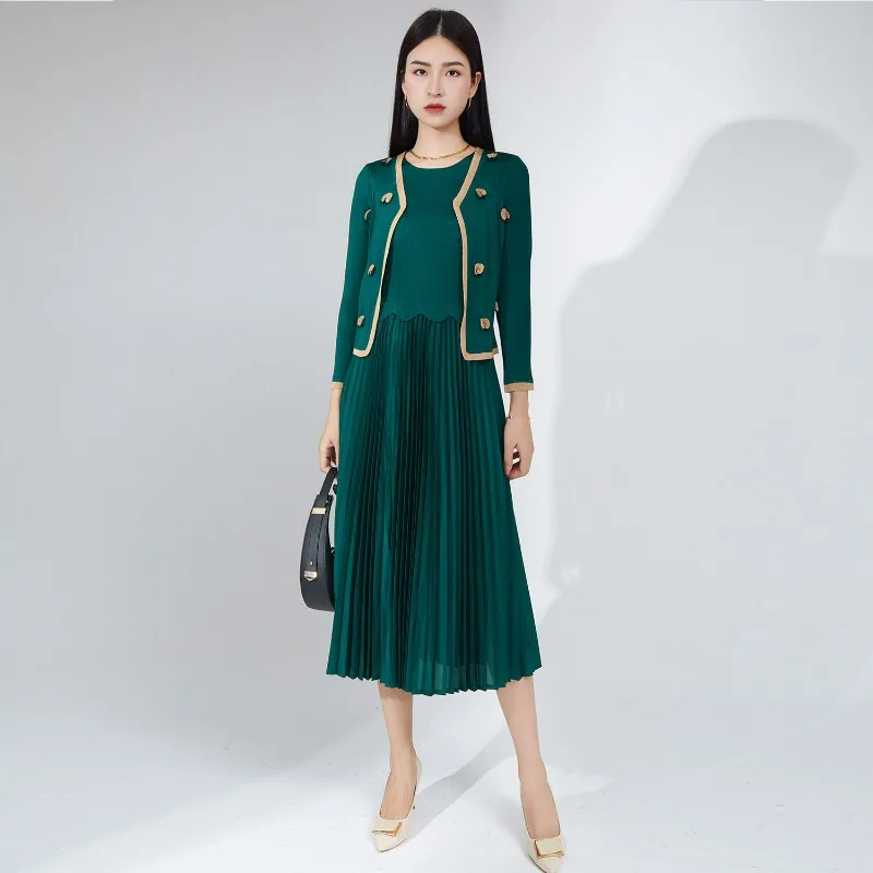 MelonWhale Новое летнее 2023 плиссированное Макси-платье в японском стиле, однотонная подделка, 2 предмета, модный высококачественный круглый воротник с длинными рукавами