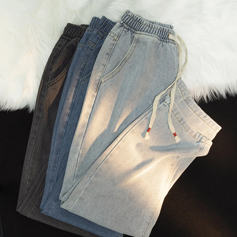 Прямые Свободные джинсы мужские Ретро Хай Стрит Оверсайз Повседневные джинсовые брюки С эластичной талией, Выстиранные джинсовые брюки в стиле хип-хоп, мужские B55