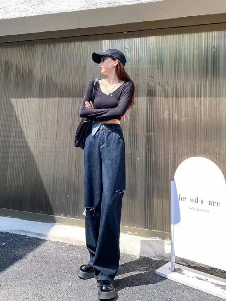 Ретро Женские джинсы с дырками на каждый день 2023, новинка Y2k, уличная одежда с высокой талией и широкими штанинами, Корейские универсальные модные повседневные джинсовые брюки