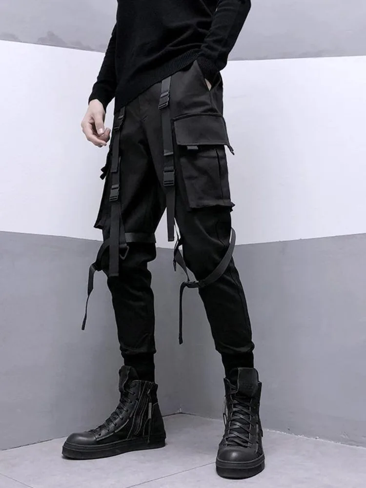 Темная одежда в стиле сафари, брюки-карго со спаянными лямками, мужская уличная одежда с эластичным поясом, тонкая тактическая техническая одежда