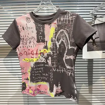 Летняя новинка 2023 года, уличная модная футболка с ручной росписью букв и мультяшным рисунком, футболки с короткими рукавами для женщин