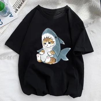 Женская футболка с принтом кошки-акулы Kawaii, Летняя повседневная рубашка с коротким рукавом, топы в стиле харадзюку, Женская футболка с милой мультяшной одеждой