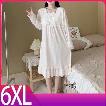 Женская ночная рубашка, ночная рубашка, пижамы с длинным рукавом, женское хлопковое платье для сна большого размера, пижама, домашняя одежда 6XL