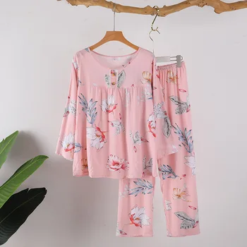 Весенне-осенняя модная хлопковая шелковая пижама с цветочным принтом для дам, брюки с длинными рукавами, Пижама, домашняя одежда из двух предметов, пижамный комплект