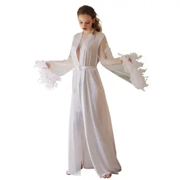 Длинный халат невесты, свадебная пижама, белый халат, V-образный вырез, Сетчатые манжеты из перьев, ночной халат с вышивкой.