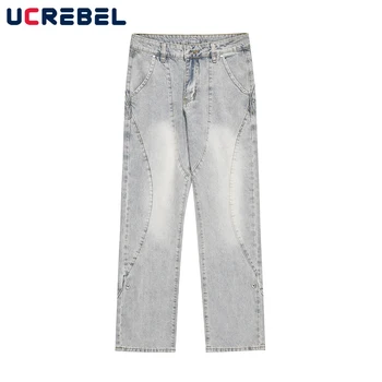 Выстиранные потертые ретро-джинсы, мужская уличная одежда, свободные брюки с прямыми штанинами, мужские джинсовые брюки