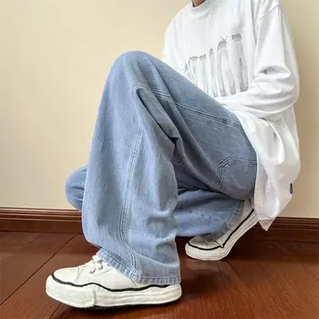 Джинсы, мужские Модные брендовые Свободные джинсовые брюки с прямыми штанинами, хип-хоп, однотонные повседневные брюки Harajuku, мужские брюки