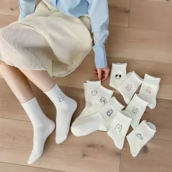Белые чулки для женщин, Хлопковые носки с милым принтом, длинные бочки, все сочетается, спортивные чулки для отдыха с животным рисунком