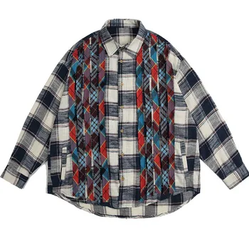 Мужская рубашка в клетку с контрастными вставками, уличная одежда Harajuku, свободные повседневные рубашки большого размера для мужчин