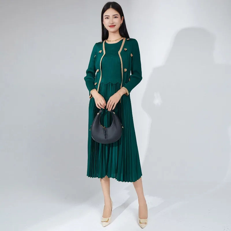 MelonWhale Новое летнее 2023 плиссированное Макси-платье в японском стиле, однотонная подделка, 2 предмета, модный высококачественный круглый воротник с длинными рукавами