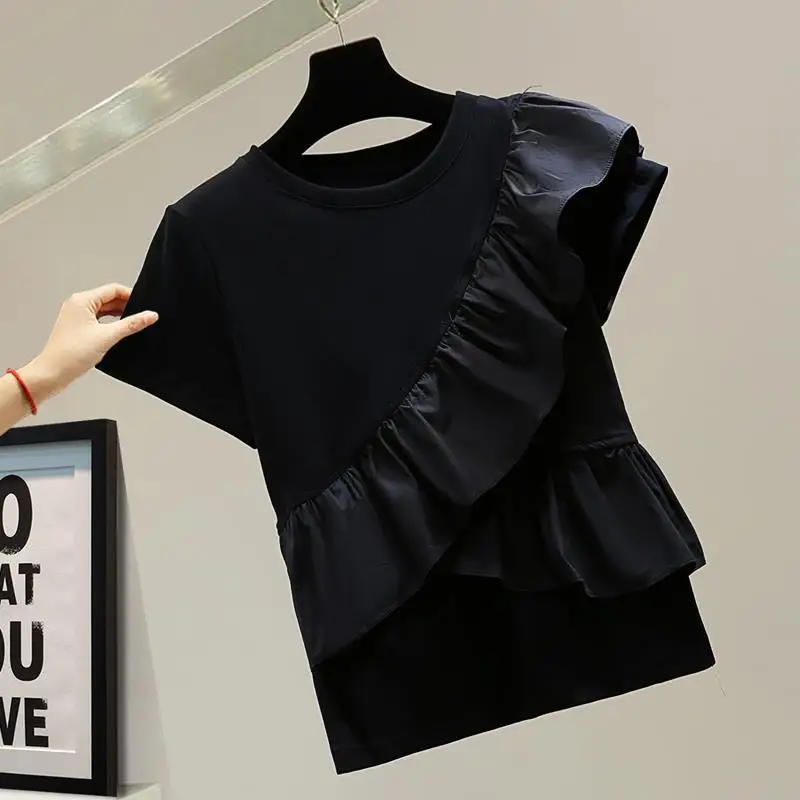 Neploe Свободный топ с персонализированной панелью с коротким рукавом 2023, летние Корейские футболки с рюшами по краю, эластичные однотонные универсальные футболки для похудения