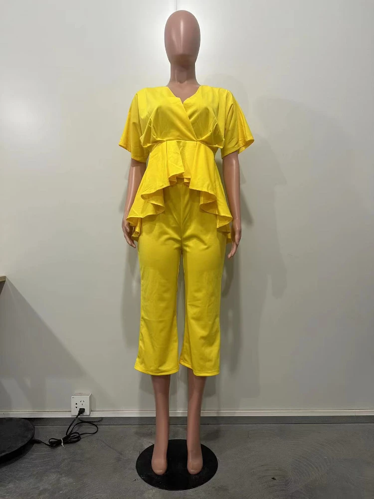 Комплекты желтых брюк для женщин с V-образным вырезом и коротким рукавом, Асимметричные топы, Высокая талия, Широкие брюки, Офисные женские наряды из двух частей