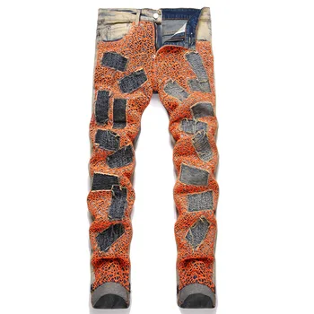 Потертые джинсы с сетчатой вышивкой, мужские модные прямые джинсовые брюки
