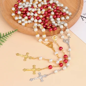 Католический жемчуг, длинная цепочка, ожерелье с крестом, четки, крест Иисуса, религиозные украшения