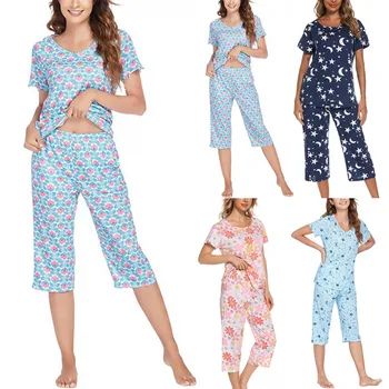 Женский пижамный комплект в полоску с цветочным принтом, топы и брюки с короткими рукавами, джоггеры, пижамный костюм для бега трусцой