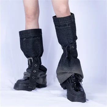 Женские джинсовые гетры, панк-готические карманные гетры, Однотонные длинные носки, повседневные манжеты для ботинок, уличная одежда