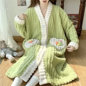 Женская зимняя пижама из плотной фланели, новая милая и простая домашняя одежда в стиле принцессы с длинными рукавами, женский халат с V-образным вырезом