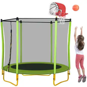 Батут длиной 5,5 футов для детей - 65-дюймовый мини-батут для малышей на открытом воздухе и в помещении с ограждением, баскетбольным кольцом и мячом в комплекте