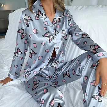 Женская шелковая атласная пижама, одежда для отдыха, пижама из двух частей, женская мягкая пижама на пуговицах с длинным рукавом, пижама